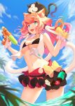  1girl :d absurdres animal_ear_fluff animal_ears bangs bare_arms bare_shoulders bikini bikini_skirt black_bikini blue_sky bow breasts cat cat_ears cat_tail character_request cloud cooked copyright_request cowboy_shot day green_eyes highres holding holding_water_gun long_hair looking_at_viewer medium_breasts navel open_mouth pink_hair scrunchie sky smile solo standing stomach swimsuit tail thighs towel towel_around_neck water water_gun white_scrunchie wrist_scrunchie yellow_bow 