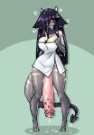  big_breasts big_penis breasts cleavage clothed clothing demon genitals gynomorph hair hair_over_eye hi_res horn horned_humanoid huge_penis humanoid intersex limebreaker looking_at_viewer not_furry one_eye_obstructed penile_spines penis solo spade_tail wet 