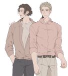  2boys alternate_hairstyle blonde_hair blue_eyes brown_hair captain_america_(series) casual cyborg hand_in_pocket james_buchanan_barnes marvel mechanical_arms multiple_boys namahamu_(hmhm_81) open_clothes open_shirt pink_hair ponytail shirt single_mechanical_arm smile tied_hair white_shirt 