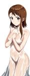  1girl bangs bare_arms bare_shoulders blush breasts brown_eyes brown_hair closed_mouth collarbone cowboy_shot dress eyebrows_visible_through_hair highres large_breasts looking_at_viewer memero_7272 nisekoi onodera_kosaki see-through short_hair simple_background sleeveless sleeveless_dress smile solo wet wet_clothes wet_hair white_background white_dress 