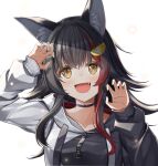  1girl :d animal_ear_fluff animal_ears black_hair choker claw_pose fang highlights highres hololive hood hood_down hoodie long_hair long_sleeves multicolored_hair ookami_mio open_mouth red_hair sleeves_past_wrists smile virtual_youtuber wolf_ears wolf_girl yellow_eyes yousalbum 
