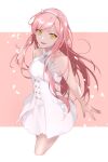  1girl bare_arms bare_shoulders breasts dress fate/grand_order fate_(series) hairband highres long_hair lostroom_outfit_(fate) medb_(fate) medb_(fate)_(all) pink_hair short_dress sleeveless sleeveless_dress small_breasts solo tia_(cocorosso) white_dress white_hairband yellow_eyes 