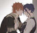  2boys black_hair blush brown_hair epaulettes felix_hugo_fraldarius fire_emblem fire_emblem:_three_houses garreg_mach_monastery_uniform male_focus multiple_boys namahamu_(hmhm_81) orange_hair ponytail red_eyes spiked_hair upper_body wall_slam yaoi 