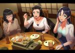  3girls beppu_mitsunaka breasts chopsticks cleavage contemporary cup drinking_glass fate/grand_order fate_(series) glasses grill highres himiko_(fate) large_breasts long_hair magatama magatama_necklace minamoto_no_raikou_(fate) multiple_girls osakabe-hime_(fate) oyster sparkling_eyes sweater table watch wavy_mouth wristwatch 
