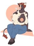  2021 anthro areola arm_support belt big_breasts black_body black_fur bodily_fluids bottomwear bovid bovine breasts breath cattle clothed clothing curvy_figure denim denim_clothing eyelashes eyes_closed female fur hair hand_on_breast hi_res hooves horn jeans lactating mammal milk multicolored_body multicolored_fur nipples pants red_hair simple_background sitting slightlysimian solo spots spotted_body spotted_fur tail_tuft topless tuft two_tone_body two_tone_fur voluptuous white_body white_fur wide_hips 