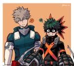  2boys anger_vein bakugou_katsuki bangs belt black_bodysuit blush bodysuit boku_no_hero_academia brown_belt cosplay costume_switch cowboy_shot elbow_gloves explosive eye_mask freckles gloves green_bodysuit green_eyes green_hair grenade grin heart height_difference highres hood hood_down male_focus mask mask_removed midoriya_izuku modo_(modo_s2) multiple_boys orange_background red_eyes smile spiked_hair spoken_anger_vein spoken_heart superhero white_gloves 