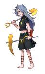  1girl ankle_bow bangs barefoot belly_chain black_shirt black_skirt bow crop_top from_side full_body grey_eyes grin hand_up highres himemushi_momoyo holding holding_pickaxe holding_shovel jewelry long_hair midriff orange_bow over_shoulder parted_bangs pickaxe profile ring shirt short_sleeves shovel silver_hair simple_background skirt skirt_set smile solo speckticuls spiked_hair standing tools touhou white_background wrist_bow 