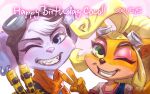  2021 activision alien anthro bandicoot bettygusa birthday blonde_hair blue_eyes clothed clothing coco_bandicoot crash_bandicoot_(series) cute_fangs dated ear_piercing ear_ring english_text eyeshadow eyewear fangs felid feline female fur goggles goggles_on_head green_eyes hair happy_birthday lombax long_hair makeup mammal marsupial neckerchief orange_body orange_fur piercing pink_nose prosthetic prosthetic_arm prosthetic_limb ratchet_and_clank ratchet_and_clank:_rift_apart rivet_(ratchet_and_clank) robotic_arm scarf selfie sharp_teeth smile smiling_at_viewer sony_corporation sony_interactive_entertainment teeth text video_games white_body white_fur 