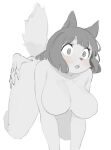  2020 absurd_res anthro arms_under_breasts bangs big_breasts big_eyes blush breasts cheek_tuft ears_up eyebrow_through_hair eyebrows facial_tuft featureless_breasts felid feline female hair hand_on_butt hand_on_hip hanging_breasts hi_res kemono kemonoda_isuki kneeling looking_away mammal medium_hair nude open_mouth raised_tail sketch solo suggestive surprise thick_thighs translucent translucent_hair tuft wide_eyed 