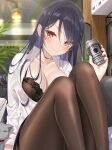  1girl alcohol ass bangs beer black_hair black_skirt blue_hair blurry blurry_background blush bra breasts brown_bra brown_legwear cat cleavage collarbone commentary couch drunk ear_piercing eyebrows_visible_through_hair hair_between_eyes holding lace-trimmed_bra lace_trim large_breasts legs_together long_hair looking_at_viewer miniskirt multicolored_hair office_lady on_couch open_clothes open_shirt orange_eyes original pantyhose parted_bangs parted_lips piercing plant shirt sitting skirt smile solo thighband_pantyhose thighs underwear white_shirt yano_mitsuki 