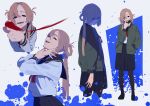  braid coat empty_eyes flower hand_in_pocket kamo_kamen looking_at_viewer mask mouth_mask pointing scar scar_on_face school_uniform shadow smile solo standing stitched_face urasekai_picnic urumi_luna 