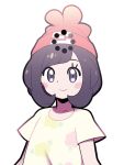  1girl artsy-rc black_eyes black_hair blush_stickers buffering character_request closed_mouth commentary english_commentary highres looking_at_viewer pokemon pokemon_(creature) shirt short_sleeves simple_background smile solo upper_body white_background yellow_shirt 