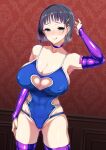  1girl :q absurdres armpits ass_visible_through_thighs black_hair blue_swimsuit blush breasts cameltoe choker cleavage condom condom_wrapper covered_nipples earrings elbow_gloves empty_eyes gloves green_eyes hair_ornament hairclip highres jewelry kirigaya_suguha large_breasts looking_at_viewer purple_gloves purple_legwear purple_nails school_swimsuit short_hair smile solo swimsuit sword_art_online tanizakura_shidare thighhighs tongue tongue_out 