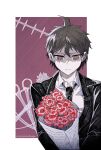  1boy ahoge bangs black_hair black_jacket black_neckwear bouquet brown_eyes closed_mouth collared_shirt commentary_request danganronpa_(series) danganronpa_3_(anime) flower highres hinata_hajime holding holding_bouquet jacket long_sleeves looking_down male_focus necktie pale_skin red_flower scissors shirt solo upper_body white_background white_shirt ziling 