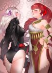 2girls absurdres alternate_costume ass bangs black_jacket black_legwear black_leotard blush bow bracelet breasts cleavage commentary_request cosplay dancer dancer_(three_houses) earrings edelgard_von_hresvelg embarrassed fire_emblem fire_emblem:_three_houses gloves hair_ribbon hana-ko_(kahun9893) highres jacket jewelry large_breasts leotard long_hair long_sleeves looking_at_viewer midriff multiple_girls navel open_mouth persona persona_5 persona_5_the_royal ponytail red_eyes red_gloves red_hair ribbon simple_background smile thighhighs weapon yoshizawa_kasumi 