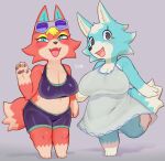  3_toes 4_fingers animal_crossing anthro audie_(animal_crossing) big_breasts blue_body blue_eyes blue_fur blush breasts canid canine canis clothed clothing duo eyewear feet female fingers fur looking_at_viewer mammal multicolored_body multicolored_fur nintendo open_mouth orange_body orange_fur pawpads raised_leg short_stack signature skye_(animal_crossing) standing sunglasses sususuigi thick_thighs tight_clothing toes two_tone_body two_tone_fur video_games white_body white_fur wolf 