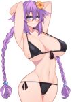  1girl bikini black_bikini blue_eyes blush braid breasts dura highres large_breasts looking_at_viewer navel neptune_(series) power_symbol purple_hair purple_heart simple_background smile solo swimsuit symbol-shaped_pupils twin_braids twintails white_background 