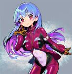  1girl blue_hair bodysuit breasts closed_mouth covered_navel grey_background kula_diamond long_hair looking_at_viewer medium_breasts multicolored multicolored_bodysuit multicolored_clothes red_eyes shunin smile solo the_king_of_fighters zipper 