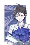  1boy ahoge bangs blue_background blue_flower bouquet brown_hair closed_mouth collared_shirt danganronpa_(series) danganronpa_2:_goodbye_despair flower heterochromia highres hinata_hajime holding holding_bouquet hydrangea looking_at_viewer male_focus pale_skin red_eyes shirt short_hair smile solo twitter_username upper_body white_background white_shirt ziling 