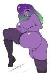  2021 absurd_res big_breasts big_butt breasts butt clothed clothing conditional_dnp female genitals goo_creature green_eyes hi_res huge_breasts humanoid legwear looking_at_viewer looking_back not_furry purple_body pussy quin-nsfw solo topless toxa 