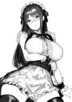  1girl apron ass_visible_through_thighs breasts eyebrows_visible_through_hair glasses greyscale highres koruse large_breasts long_hair looking_at_viewer maid maid_headdress monochrome original ribbon simple_background solo thighhighs thighs white_background wrist_cuffs 