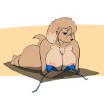  2019 anthro areola beach bedroom_eyes big_breasts big_butt breast_rest breasts butt canid canine canis chest_tuft clothed clothing crossed_arms domestic_dog female floppy_ears hair huge_butt just_app1e lying mammal messy_hair multicolored_body narrowed_eyes on_front open_mouth outside partially_clothed public_nudity raised_tail seaside seductive snout solo thick_thighs tuft two_tone_body undressing wide_hips 