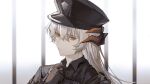  1girl adjusting_collar arknights black_gloves black_shirt blurry blurry_background closed_mouth collared_shirt dragon_horns gloves grey_hair hand_up hat highres horns long_hair military military_uniform orange_eyes police_hat prison_cell qinglai_haiji saria_(arknights) saria_(iron_law)_(arknights) serious shirt solo uniform upper_body 