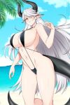  1girl bare_arms bare_legs beach black_swimsuit blue_sky breasts cloud dragon_girl dragon_horns epic_seven grin horns huge_breasts legs lindaroze long_hair luna_(epic_seven) navel ocean pointy_ears red_eyes sand sky slingshot_swimsuit smile solo standing swimsuit tail very_long_hair white_hair 