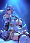  1girl android blue_hair breasts cleavage cleavage_cutout clothing_cutout highres kos-mos large_breasts long_hair negresco red_eyes solo thighhighs xenosaga 