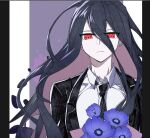  1boy bangs black_hair black_jacket black_neckwear blue_flower collared_shirt danganronpa_(series) danganronpa_2:_goodbye_despair flower formal hair_between_eyes jacket kamukura_izuru long_hair looking_at_viewer male_focus necktie pale_skin red_eyes shirt solo upper_body very_long_hair white_shirt ziling 