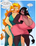  age_difference anthro anthro_on_anthro big_breasts black_hair blush bovid bovine breast_fondling breasts brown_body butt butt_grab cattle cleavage clothed clothing dialogue female female/female fondling hair hand_on_breast hand_on_butt hi_res huge_breasts hyper hyper_breasts jwinkz mammal mature_female older_female orange_hair summer_(jwinkz) younger_female 