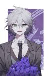  1boy :d bangs blue_background bouquet brown_jacket collared_shirt commentary_request danganronpa_(series) danganronpa_3_(anime) eyebrows_visible_through_hair flower grey_hair hair_between_eyes highres holding jacket komaeda_nagito long_sleeves looking_at_viewer male_focus messy_hair necktie open_mouth shirt short_hair smile solo upper_body white_background white_shirt ziling 