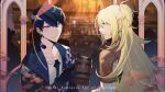  2boys beer_mug black_gloves blonde_hair blue_eyes blurry blurry_background copyright_name cup earrings eye_contact gloves indoors jewelry lazaro_(pixiv_fantasia_age_of_starlight) long_hair looking_at_another mug multiple_boys peili_(pixiv_fantasia_age_of_starlight) people pixiv_fantasia pixiv_fantasia_age_of_starlight rezia short_hair silhouette silver_eyes smile upper_body 