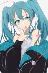  1girl black_jacket blue_eyes blue_hair blue_nails earrings fingernails hatsune_miku head_tilt highres jacket jewelry long_hair looking_at_viewer nail_art nail_polish shoulder_tattoo simple_background sogawa solo stud_earrings tattoo twintails vocaloid white_background 