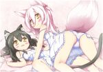  2girls all_fours animal_ear_fluff animal_ears ass bed black_hair blush braid brown_eyes camisole cat_ears cat_girl cat_tail crossover fox_ears fox_girl fox_tail fuyutsuki_tooya irotoridori_no_sekai kneepits legs long_hair lying multiple_girls nyaa_(minamashiro) on_back panties pillow ren_(irotoridori_no_sekai) sakura_moyu sheet_grab silver_hair smile spread_legs strap_slip tail thighs underwear underwear_only white_camisole white_panties 