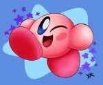  ambiguous_gender blue_background blush blush_stickers hi_res kirby kirby_(series) looking_at_viewer nintendo not_furry one_eye_closed open_mouth simple_background smile solo solo_focus star video_games waddling_head walking wink yungknight 