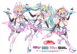  3girls boots breasts character_name character_request cleavage_cutout clothing_cutout coffee_cup commentary_request cosplay covered_navel crossover cup detached_sleeves disposable_cup gloves goodsmile_racing gradient_hair hatsune_miku hatsune_miku_(cosplay) high_heels holding holding_tray large_breasts logo medium_breasts multicolored_hair multiple_girls nitroplus open_hand open_mouth pink_eyes pink_hair racing_miku racing_miku_(2021) short_hair skating super_sonico thigh_boots thighhighs tray tsuji_santa twintails vocaloid white_background white_gloves 