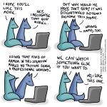  1:1 ambiguous_gender blue_body blue_fox_(foxes_in_love) blue_fur blue_tail canid canine comic computer couple_(disambiguation) dialogue duo english_text feral fox foxes_in_love fur green_body green_fox_(foxes_in_love) green_fur green_tail hi_res laptop looking_at_computer looking_at_object male_(lore) mammal shadow simple_background sitting text url white_background 