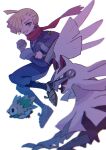  1boy ahoge anzu_(01010611) bangs blonde_hair ear_piercing floating_scarf gen_7_pokemon gladion_(pokemon) hair_over_one_eye highres holding holding_poke_ball legendary_pokemon looking_to_the_side male_focus parted_lips piercing poke_ball poke_ball_(legends) pokemon pokemon_(creature) pokemon_(game) pokemon_legends:_arceus pokemon_sm red_scarf rowlet sash scarf shoes silvally smile socks starter_pokemon undershirt white_legwear 