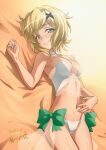  1girl akatsuki_kirika blonde_hair blush breasts closed_mouth dutch_angle fujikawa_daichi green_eyes hair_ornament lingerie looking_at_viewer lying medium_breasts navel on_back panties senki_zesshou_symphogear shiny shiny_hair shiny_skin short_hair smile solo underwear white_panties x_hair_ornament 