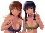  2girls alternate_hairstyle bangs bikini black_hair blue_bikini blunt_bangs braid breasts brown_eyes brown_hair front-tie_bikini front-tie_top green_bikini hair_ribbon kantai_collection kitakami_(kancolle) large_breasts long_hair medium_breasts multiple_girls ooi_(kancolle) ribbon sidelocks single_braid swimsuit tress_ribbon upper_body v wa_(genryusui) white_background 