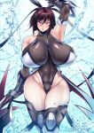  1girl absurdres action_taimanin bare_shoulders black_bow blush bow breasts brown_hair curvy duplicate highres holding_naginata huge_breasts huge_filesize impossible_clothes impossible_leotard leotard looking_at_viewer mature_female mizuki_shiranui naginata pixel-perfect_duplicate polearm red_eyes solo sonparesu taimanin_(series) taimanin_rpgx taimanin_suit water weapon wide_hips 