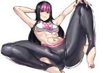 1girl abs alternate_hair_length alternate_hairstyle arm_behind_head armpits black_eyes black_hair breasts chinese_clothes dudou feet fingernails full_body gloves hair_down han_juri hanny_(uirusu_chan) highres legs long_fingernails looking_at_viewer m_legs medium_breasts multicolored_hair nail_polish navel official_alternate_costume pants partially_fingerless_gloves pink_hair pink_nails sideboob smirk solo spread_legs stirrup_legwear straight_hair street_fighter street_fighter_v thick_thighs thighs tight tight_pants toeless_legwear toenails toes toned two-tone_hair white_background yoga_pants 