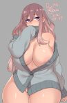  1girl 2021 agawa_ryou blue_eyes breasts brown_hair curvy dated grey_background huge_breasts long_hair looking_at_viewer nipple_slip nipples original simple_background solo thick_thighs thighs wide_hips 