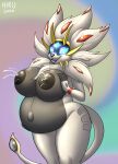  anthro belly big_breasts black_belly black_nipples black_nose blue_eyes bodily_fluids breasts curvy_figure female glowing glowing_eyes hi_res hirurux invalid_tag lactating legendary_pok&eacute;mon milk nintendo nipples pok&eacute;mon pok&eacute;mon_(species) pregnant pregnant_female projectile_lactation solgaleo solo video_games white_body 