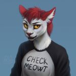  clothed clothing felid feline female fesha hair hi_res lostgoose mammal portrait red_hair shirt solo text text_on_clothing text_on_shirt text_on_topwear topwear yellow_eyes 