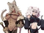  2girls :&lt; abs ahoge animal_ear_fluff animal_ears bandeau black_choker black_panties black_skirt breasts choker cleavage crop_top dark_skin dark_skinned_female detached_sleeves dual_wielding eyepatch fur-trimmed_jacket fur_trim ghislaine_dedoldia green_pants grey_eyes grey_hair groin highleg highleg_panties highres holding holding_sword holding_weapon hololive huge_breasts impossible_clothes jacket large_breasts lion_ears lion_girl lion_tail long_hair looking_at_viewer multiple_girls muscular muscular_female mushoku_tensei navel open_fly panties pants planted_sword planted_weapon red_eyes revealing_clothes shishiro_botan sho-n-d side_slit silver_hair skirt sleeves_past_wrists slender_waist standing sword tail trait_connection underboob underwear weapon white_background 