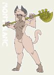  absurd_res brown_body brown_nipples brown_skin character_name female fur haplorhine hi_res holding_object holding_weapon horn horned_humanoid humanoid kiukiu mammal monkey monster_girl_(genre) nipples nude primate simple_background solo tan_body tan_fur weapon 