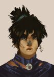  1boy almer_oldheart black_hair blue_eyes bone_earrings hair_between_eyes hair_tie highres iingezo looking_at_viewer male_focus pyre_(game) scar scar_on_cheek scar_on_face simple_background solo tattoo upper_body 