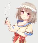  1girl bangs bracelet breasts brown_hair grey_background hair_ornament hand_up jewelry leaf_(sennen_sensou_aigis) light_brown_hair light_smile pencil pink_eyes pouch sennen_sensou_aigis short_hair simple_background small_breasts standing tadayou_kemuri x_hair_ornament 